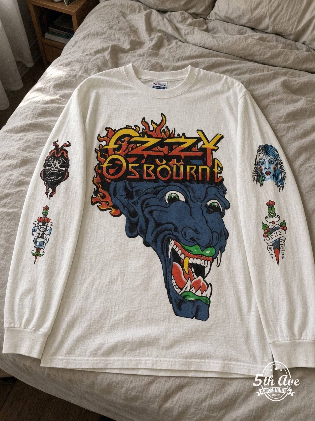 Ozzy Osbourne Demon Bat Tattoo vintage tee laid on bed