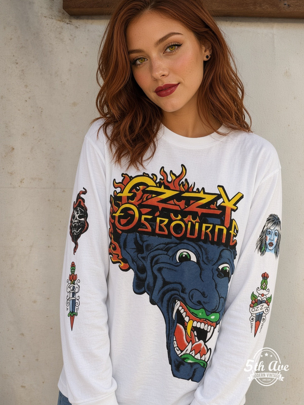 Model wearing Ozzy Osbourne Demon Bat Tattoo vintage t-shirt