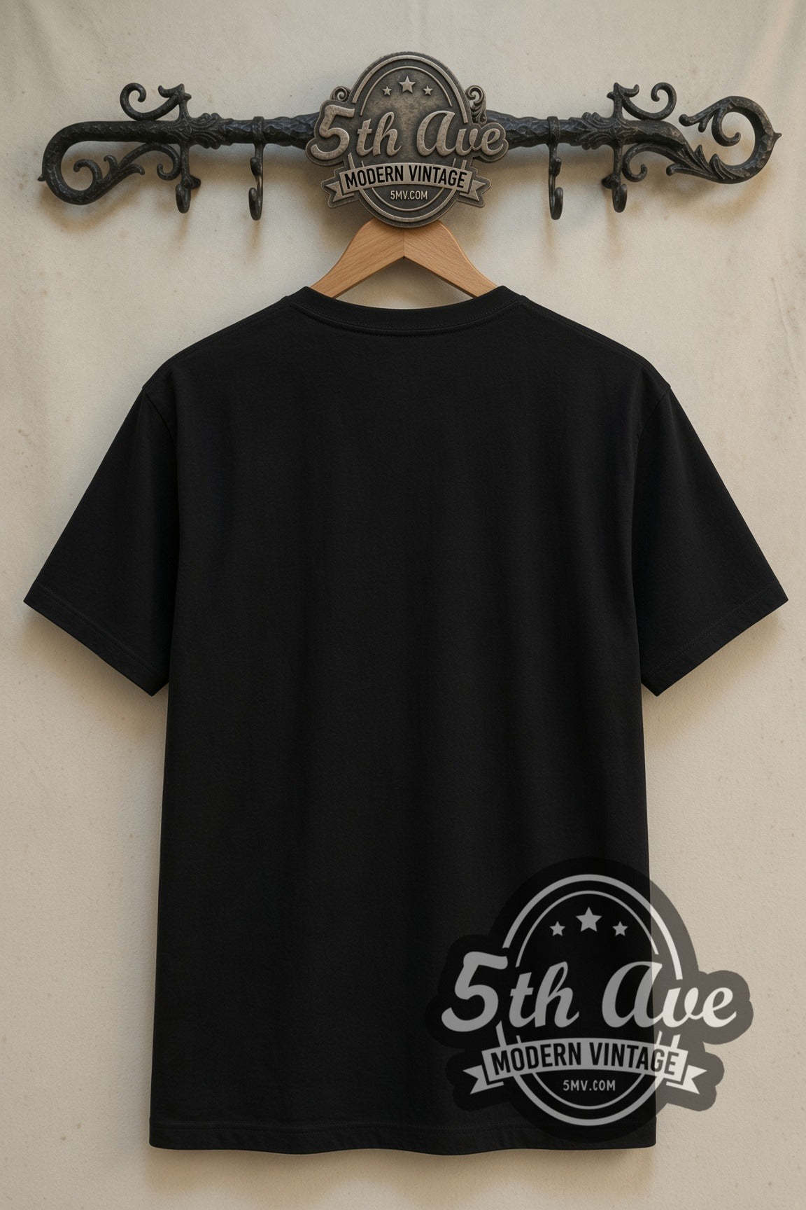 Plain black back of Pacific Rim Gipsy Danger double stitched tee on rack