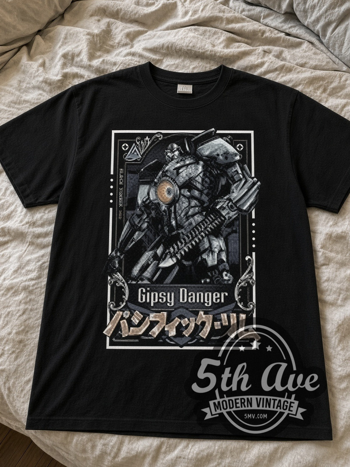 Pacific Rim Gipsy Danger black graphic tee laid flat on linen bed