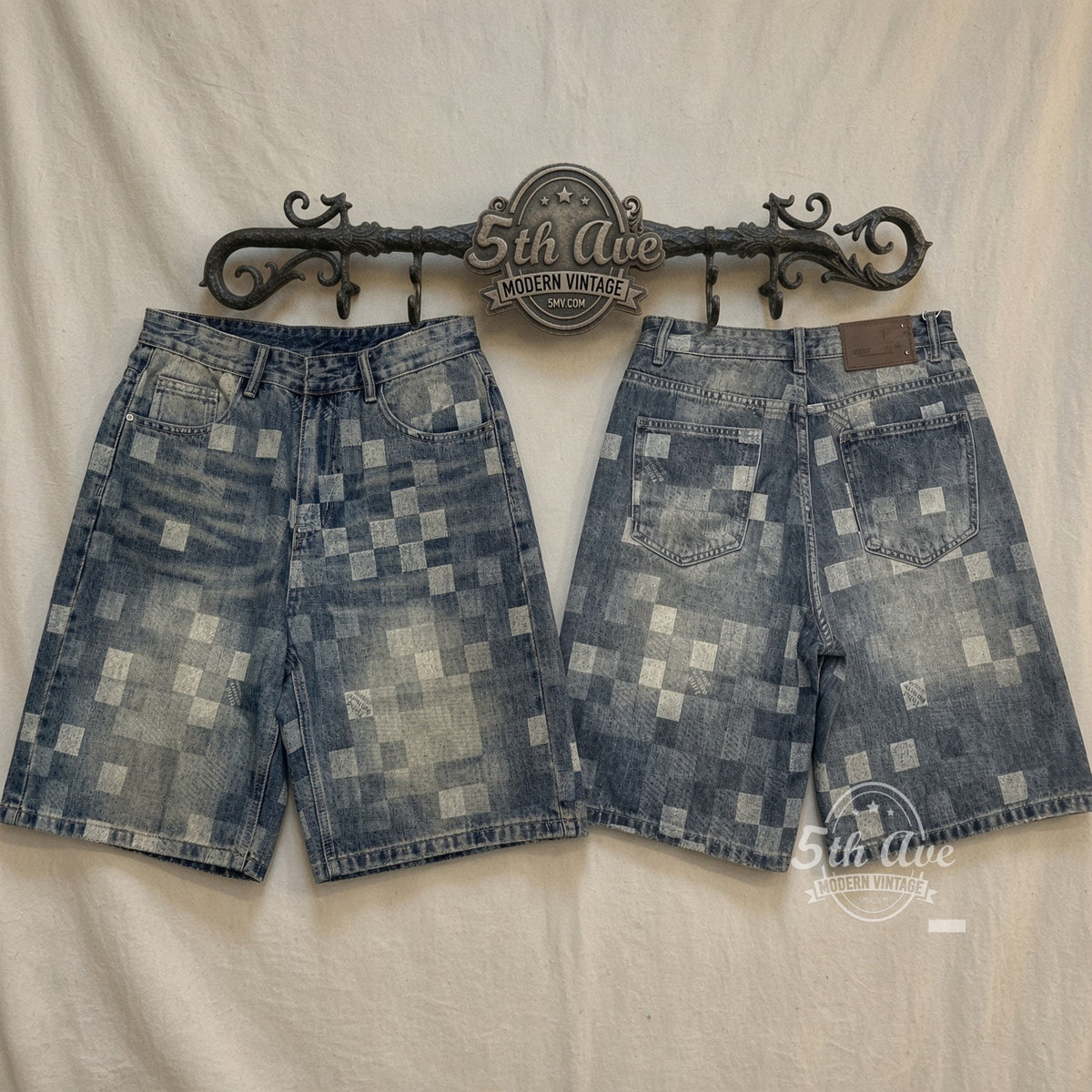 Pixel Checker Bleached Square Jorts front and back on rack