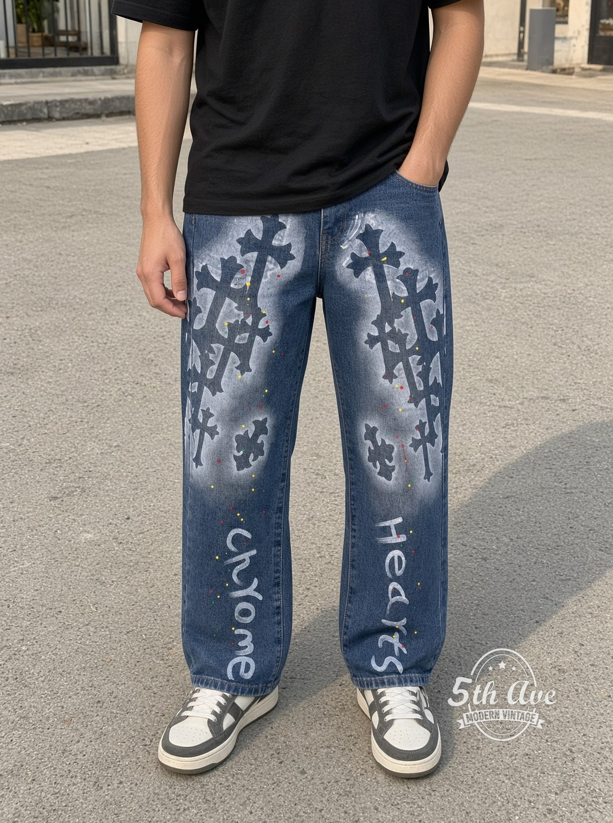 Model wearing Gothic Cross Spray Paint Jeans vintage streetwear