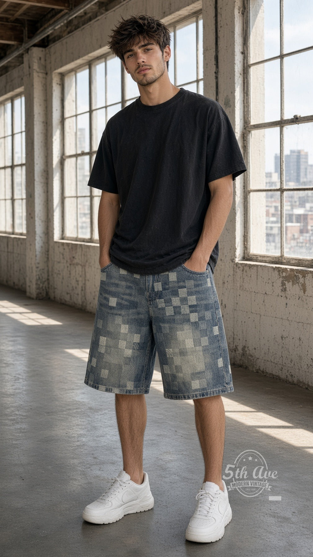 Model wearing Pixel Checker Bleached Square Jorts vintage streetwear