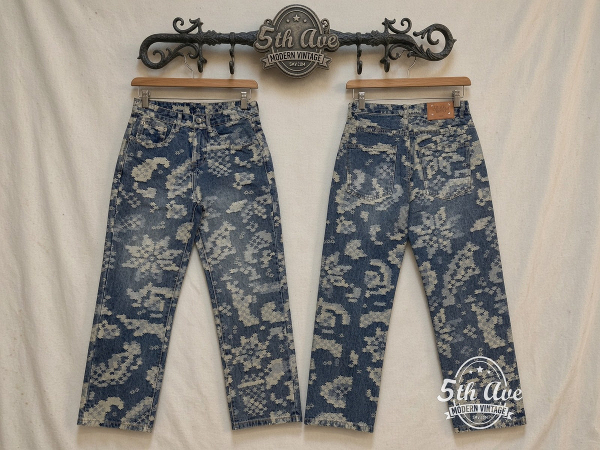 Pixel Floral Denim Jeans front and back on rack