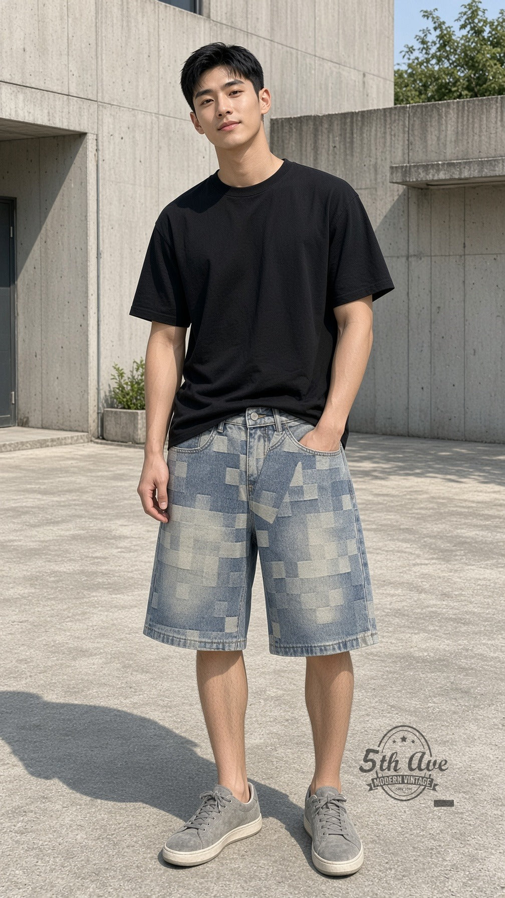 Model wearing Pixel Grid Digital Checker Jorts vintage streetwear