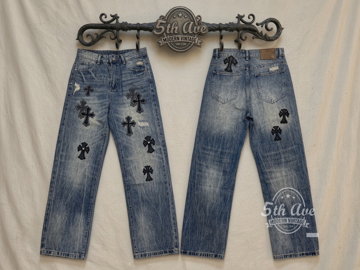 Black Gothic Cross Appliqué Jeans front and back on rack