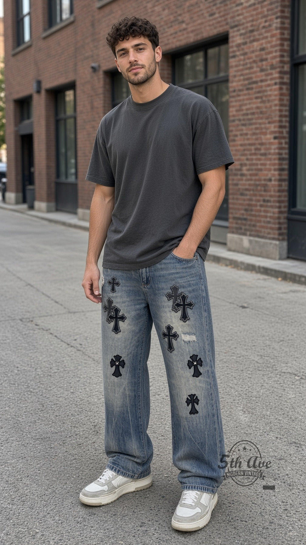 Model wearing Black Gothic Cross Appliqué Jeans vintage streetwear