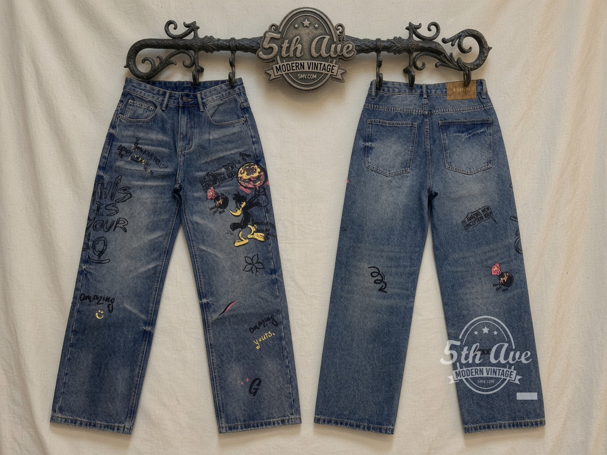 Graffiti Daffy Amazing Graphic Jeans front and back on rack