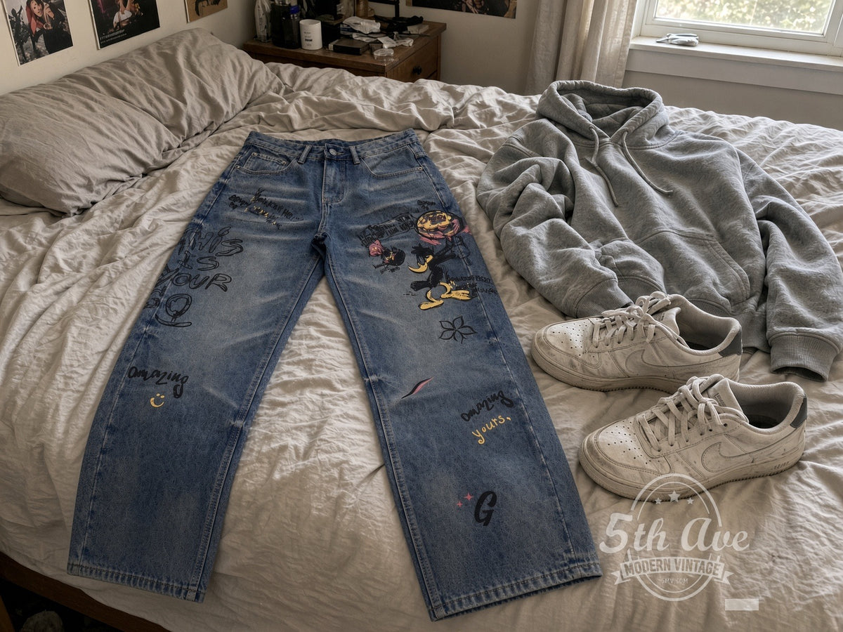 Graffiti Daffy Amazing Graphic Jeans laid on bed