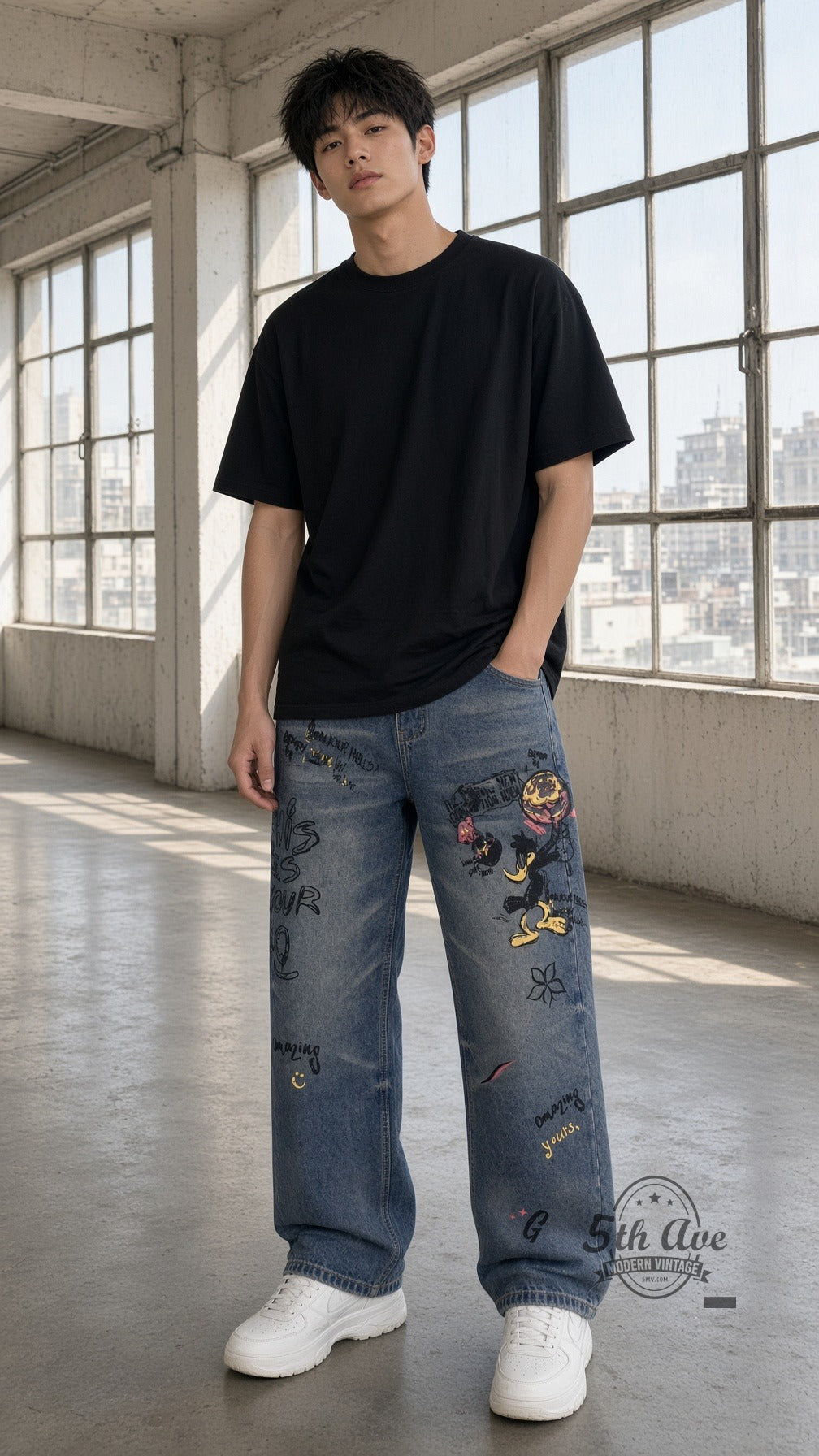 Model wearing Graffiti Daffy Amazing Graphic Jeans vintage streetwear