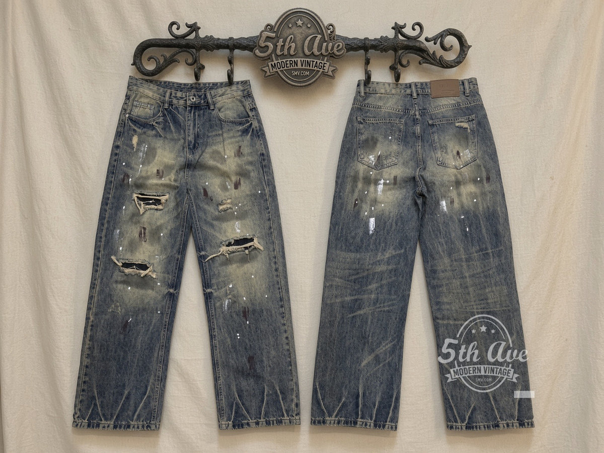 Dirty Wash Paint Splatter Zigzag Hem Jeans front and back on rack
