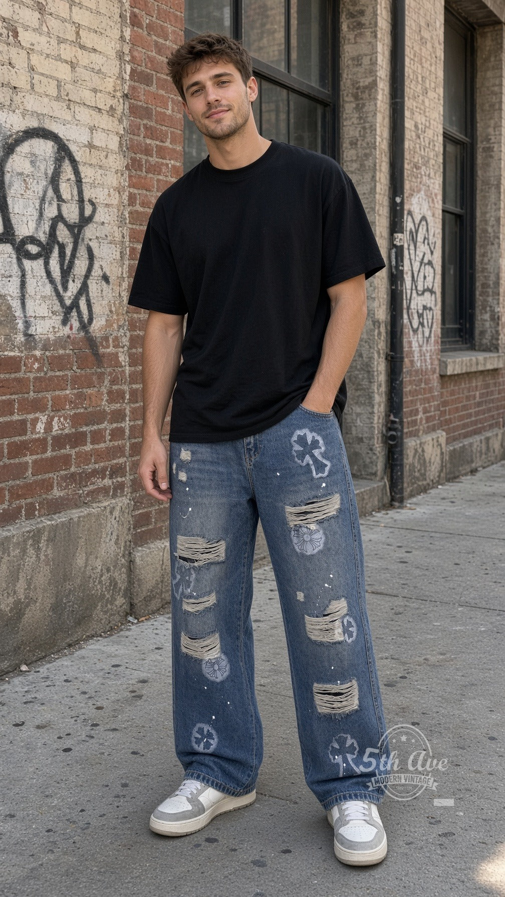 Model wearing Light Cemetery Cross Floral Distressed Jeans vintage streetwear