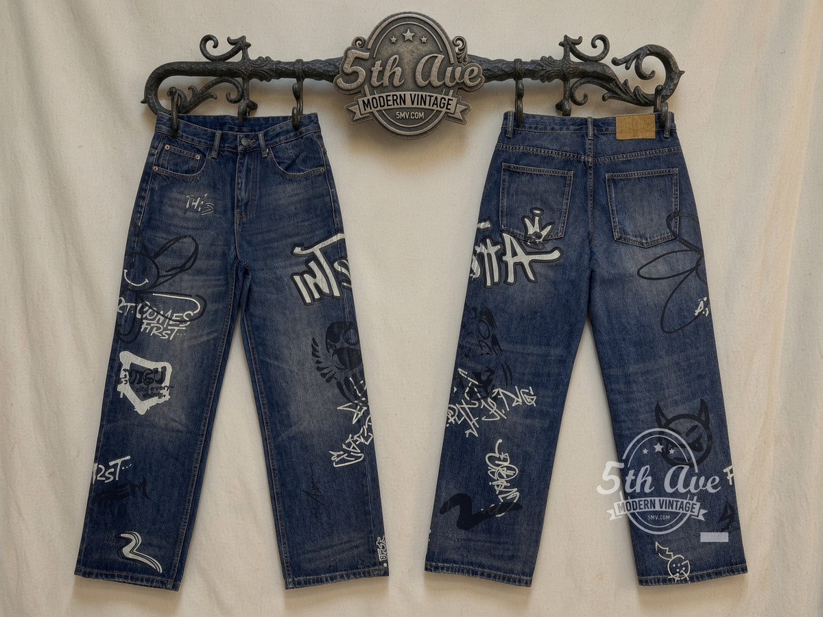 Dark Graffiti Bunny Skull Streetwear Jeans front and back on rack