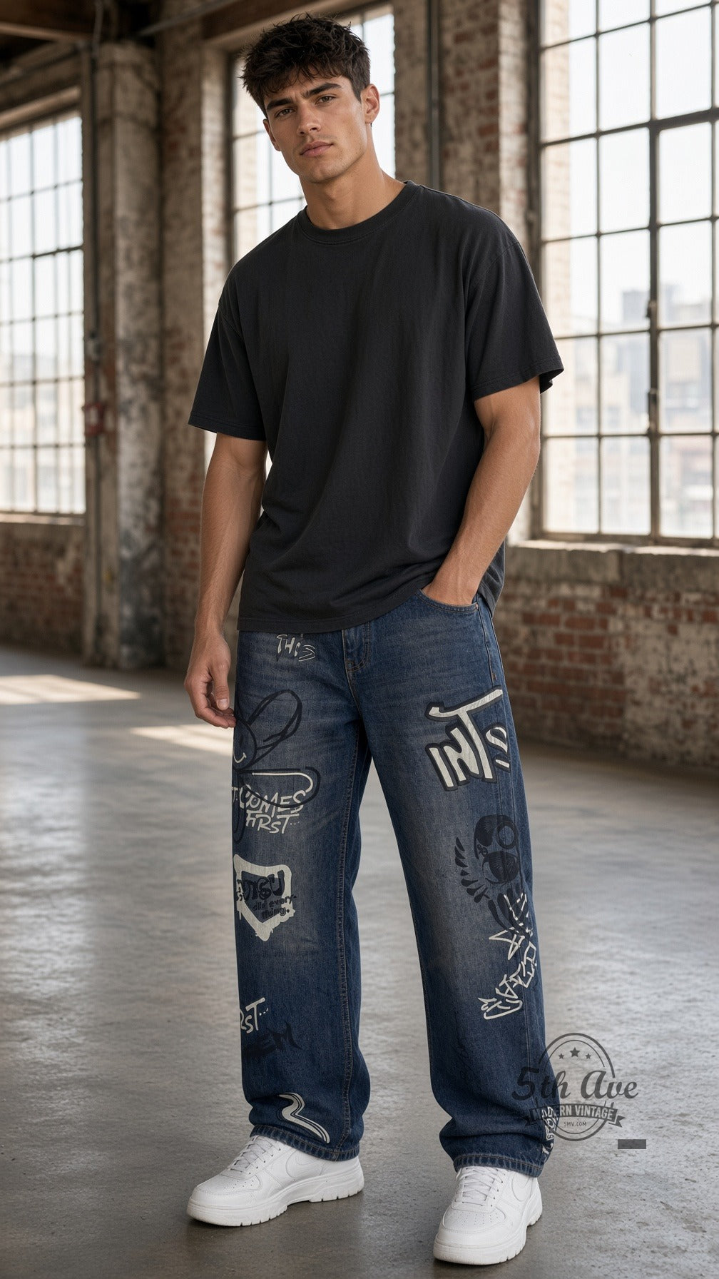 Model wearing Dark Graffiti Bunny Skull Streetwear Jeans vintage streetwear