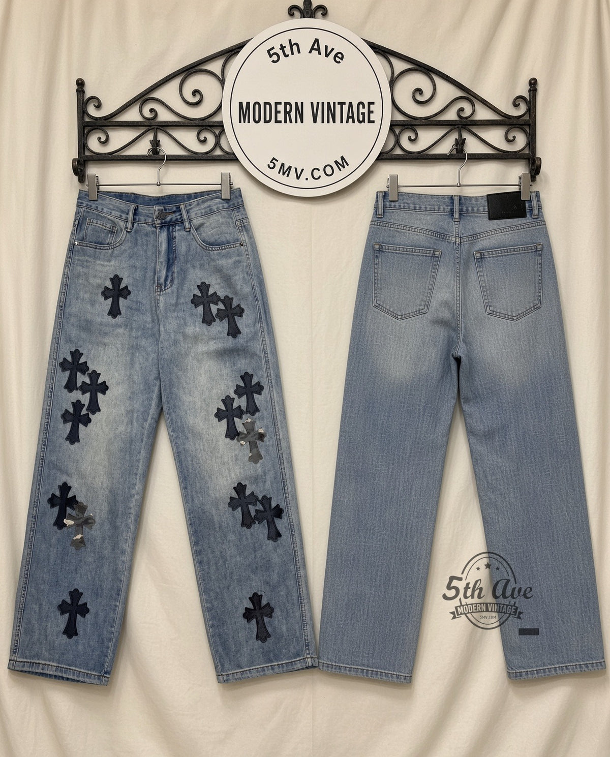 Light Wash Black + Camo Cross Patch Streetwear Jeans front and back on rack