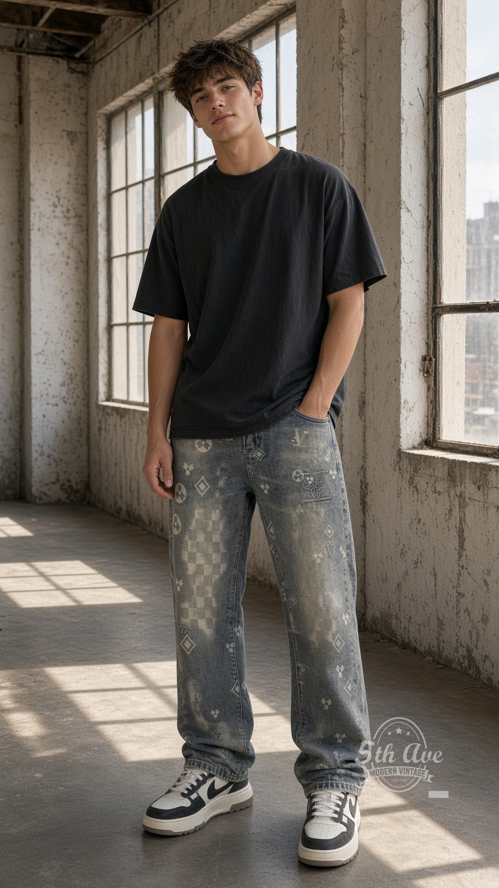 Model wearing Acid Wash Monogram-Style Streetwear Jeans vintage streetwear