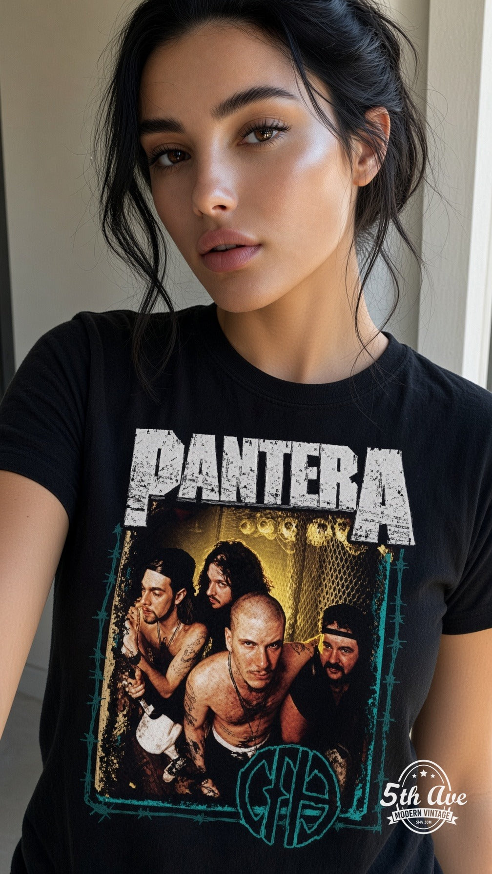 Model wearing Pantera Cowboys From Hell vintage band tee