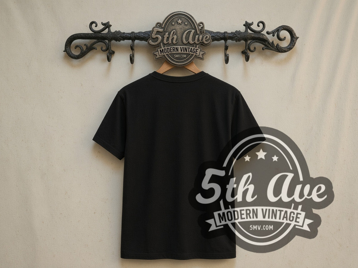 Plain black back of Pantera Skeleton Cowboy with Whiskey double stitched tee on rack