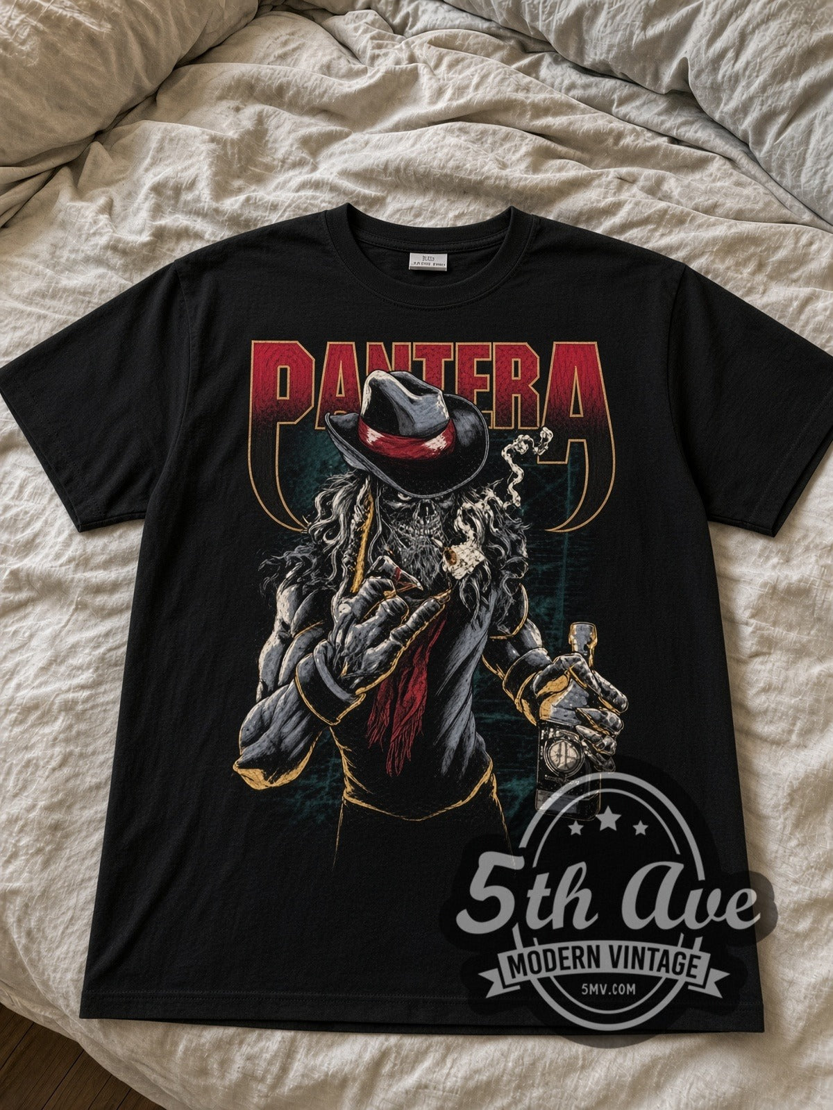 Pantera Skeleton Cowboy with Whiskey black graphic tee laid flat on linen bed