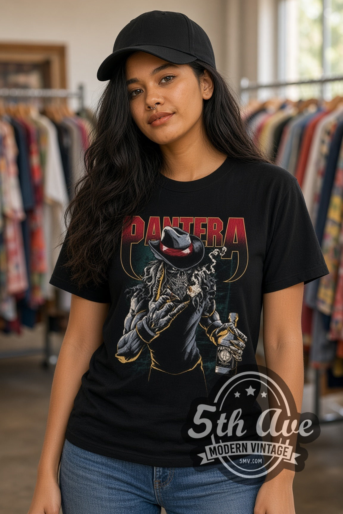 Woman wearing Pantera Skeleton Cowboy with Whiskey double stitched black graphic tee