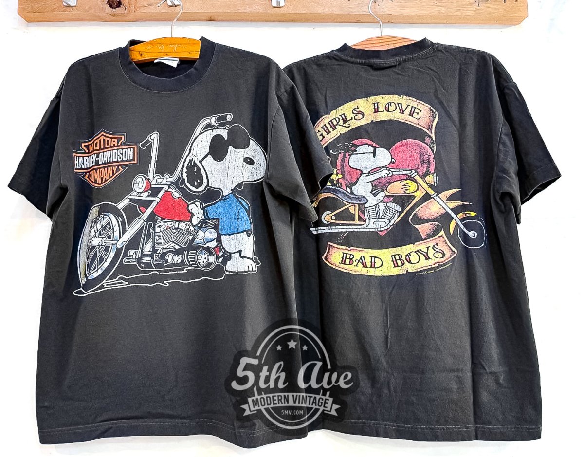 Peanuts Snoopy x Harley Davidson 'Girls Love Bad Boys' - Vintage Reprint Animation T-Shirt - Vintage Band Shirts