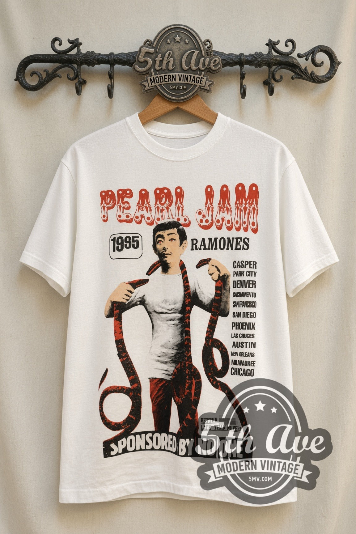 Pearl Jam and Ramones 1995 Snake Man Sponsored by No One vintage band t-shirt front on cream 5th Ave rack