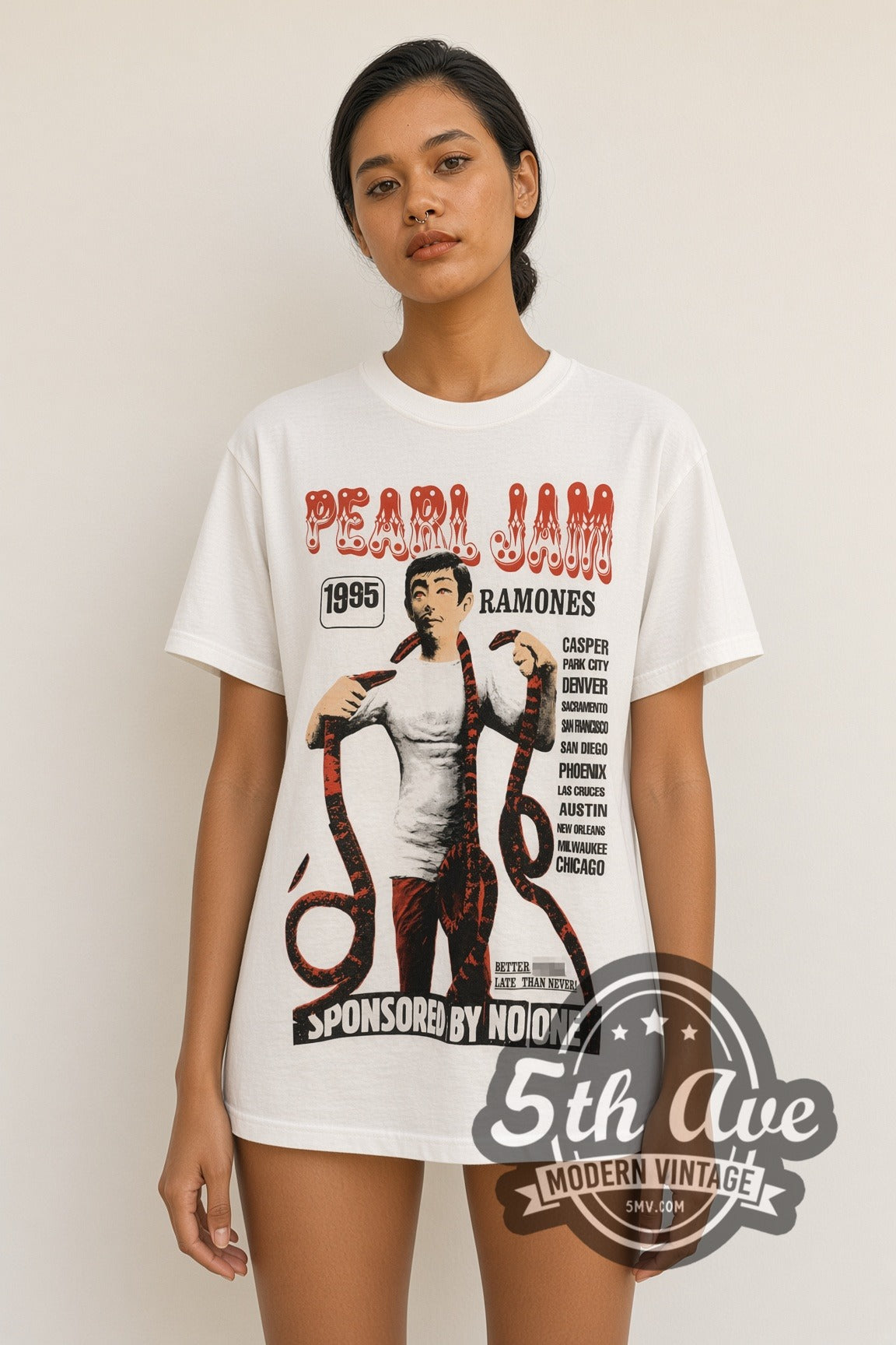Model wearing Pearl Jam and Ramones 1995 Snake Man Sponsored by No One vintage band t-shirt