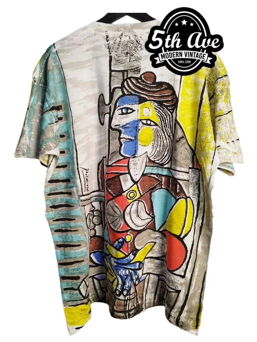 Picasso Hand Made OVP All Over Print Single Stitch T-Shirt vintage t-shirt laid on bed