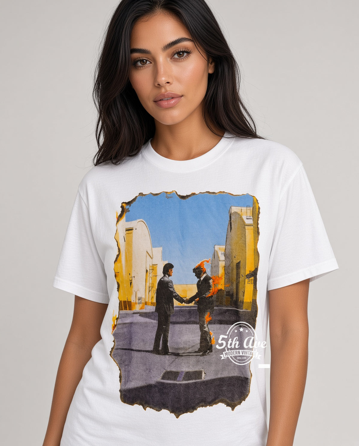 Model wearing Pink Floyd Wish You Were Here vintage band tee