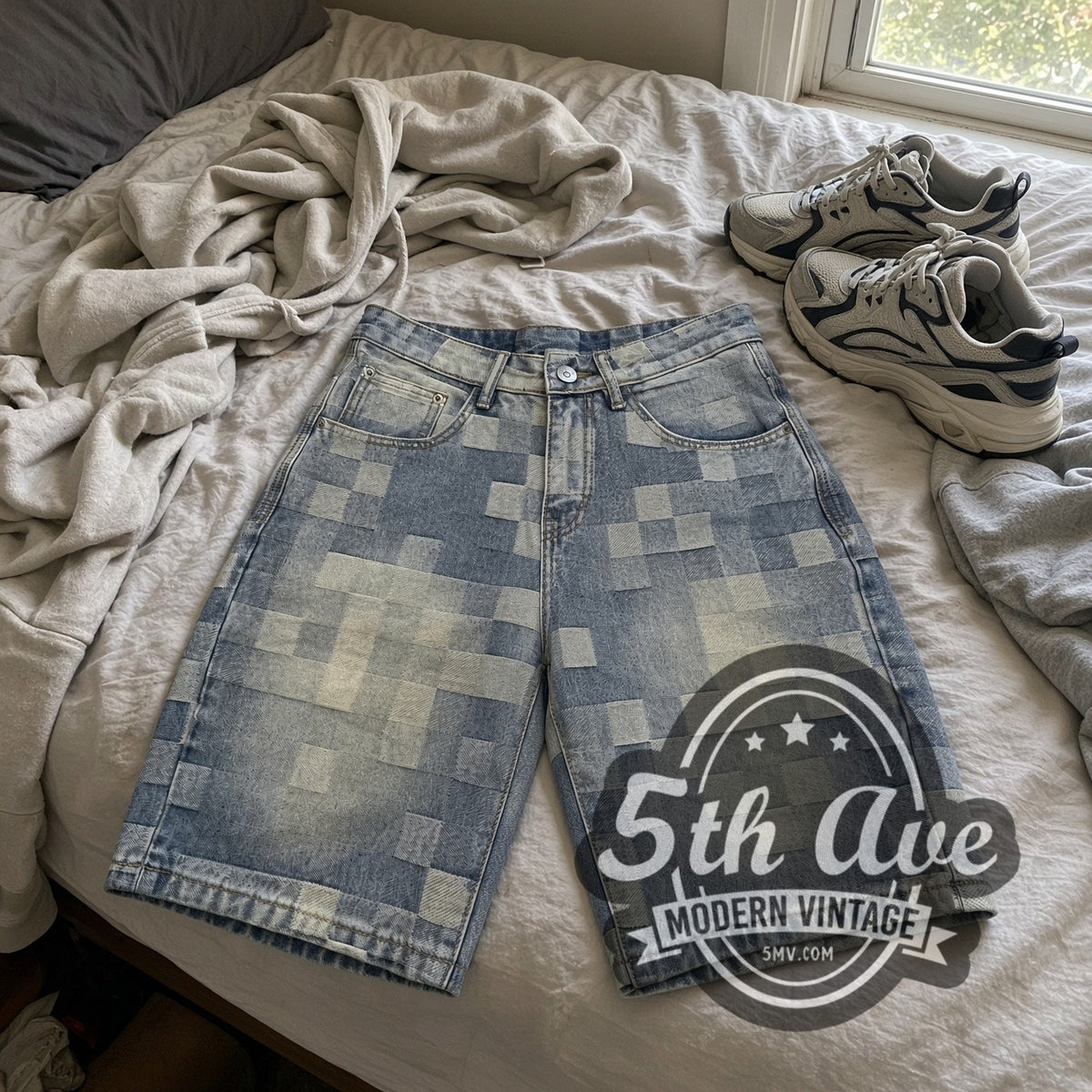Pixel Grid Digital Checker Jorts – Vintage Streetwear vintage jorts laid on bed