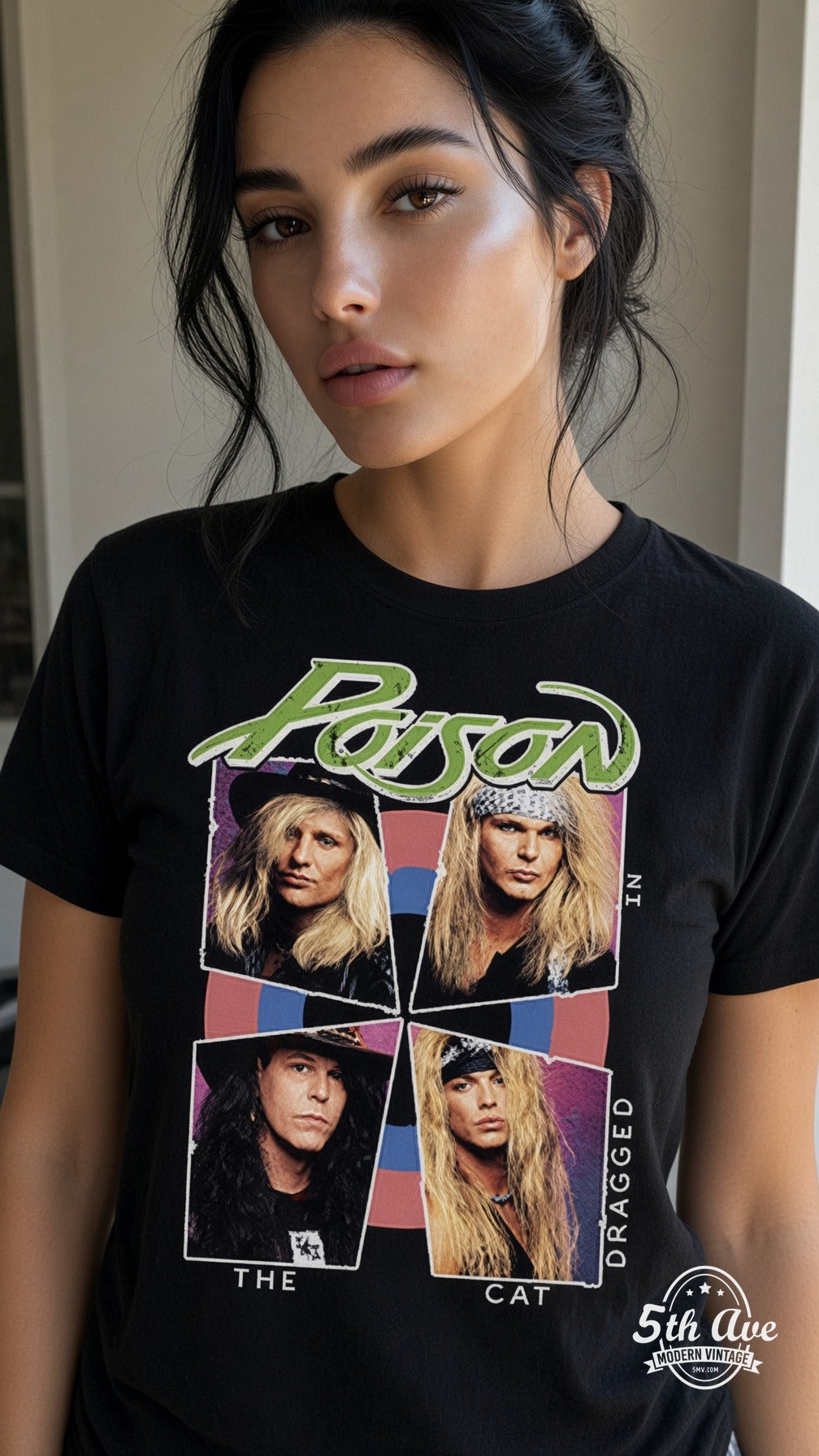 Model wearing Poison Look What the Cat Dragged In vintage band tee