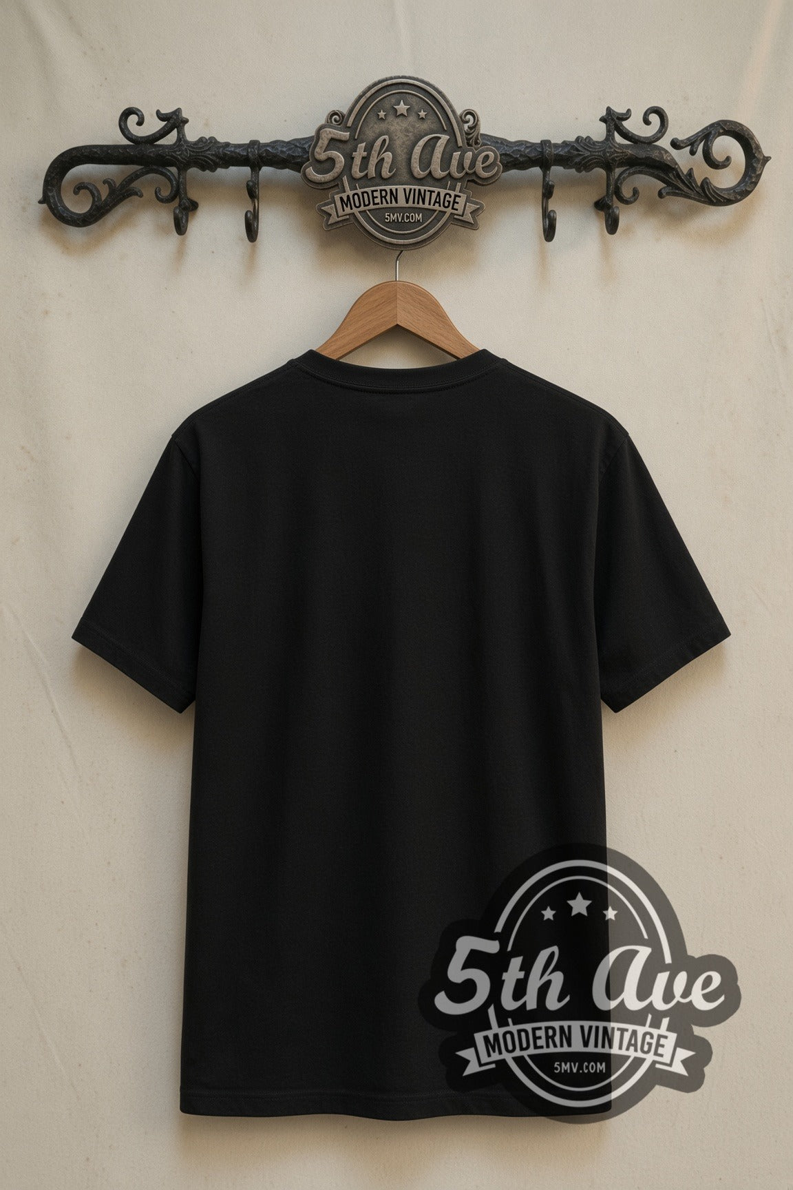 Plain black back of Predator Black Timber Frame Full Body double stitched tee on rack