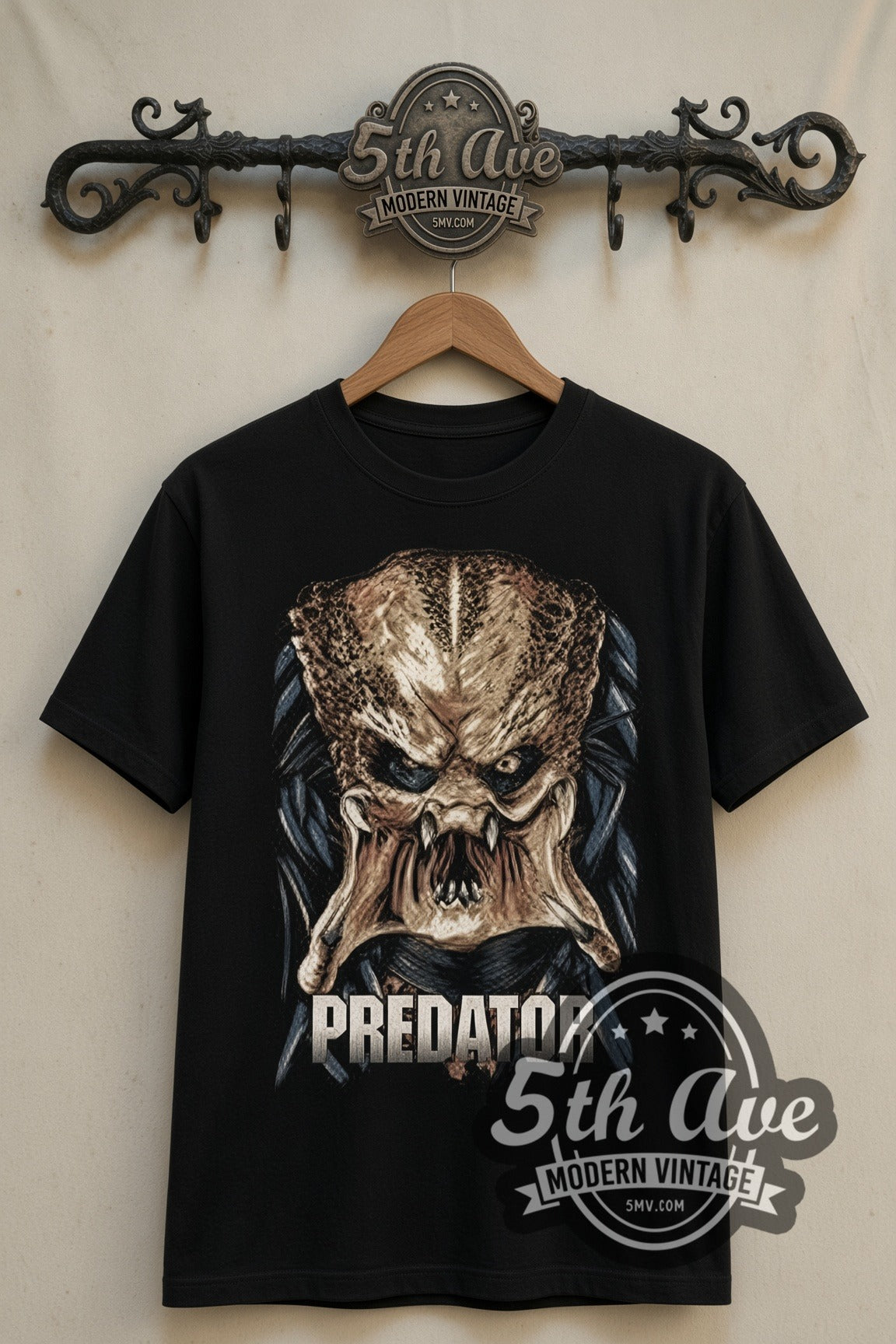 Predator face double stitched black tee front on dark iron 5th Ave rack
