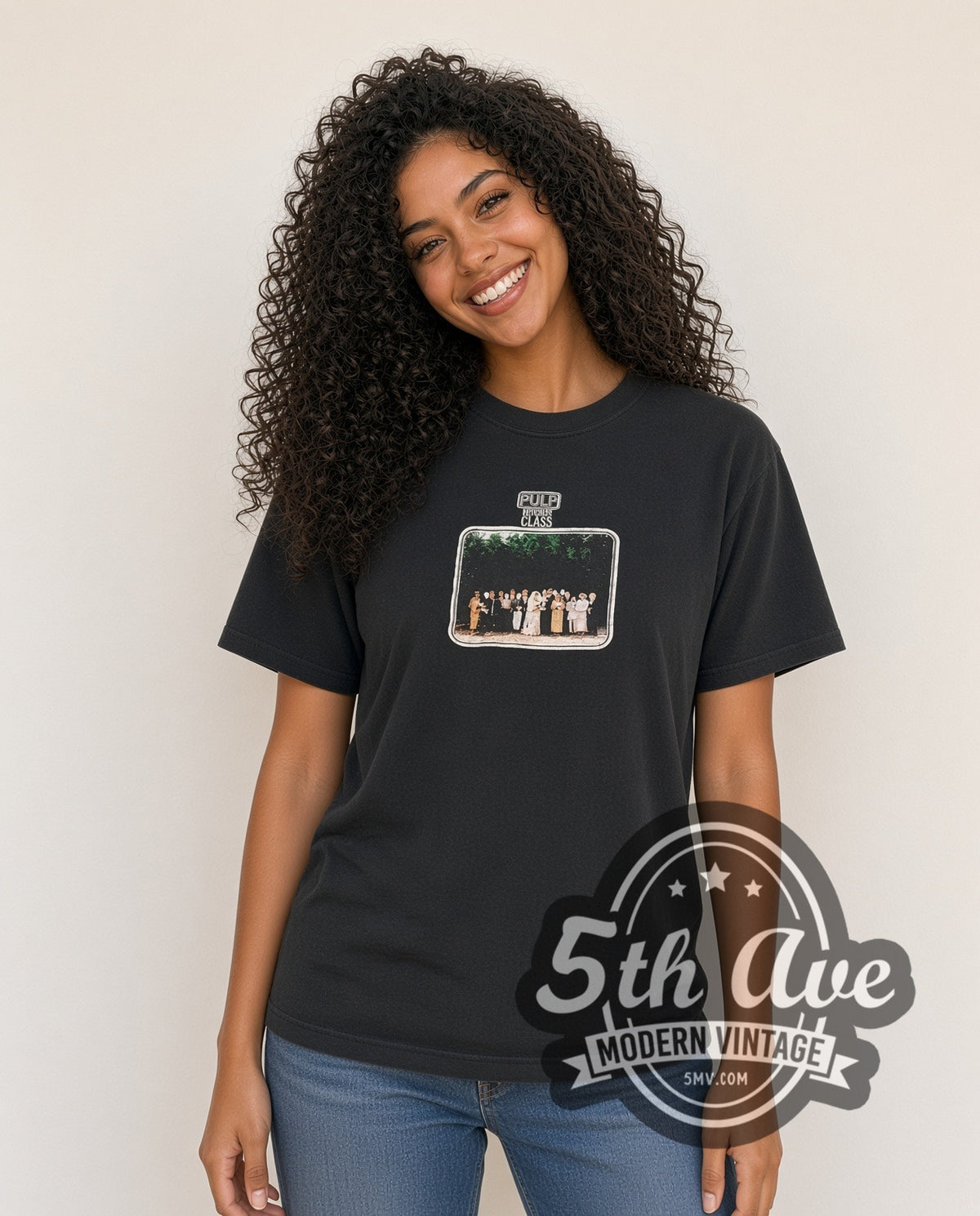 Woman wearing Pulp Common People UK tour vintage band t-shirt