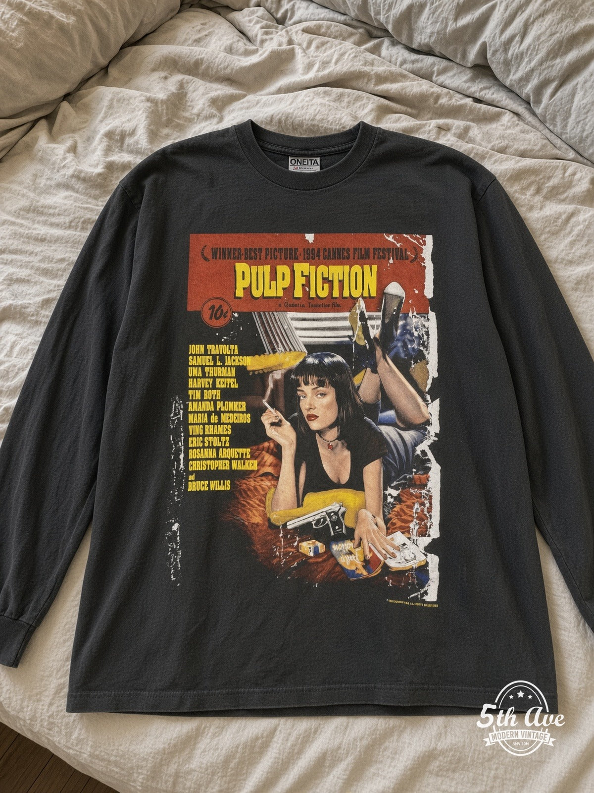 Pulp Fiction Cannes 1994 Uma Mia Long Sleeve vintage tee laid on bed