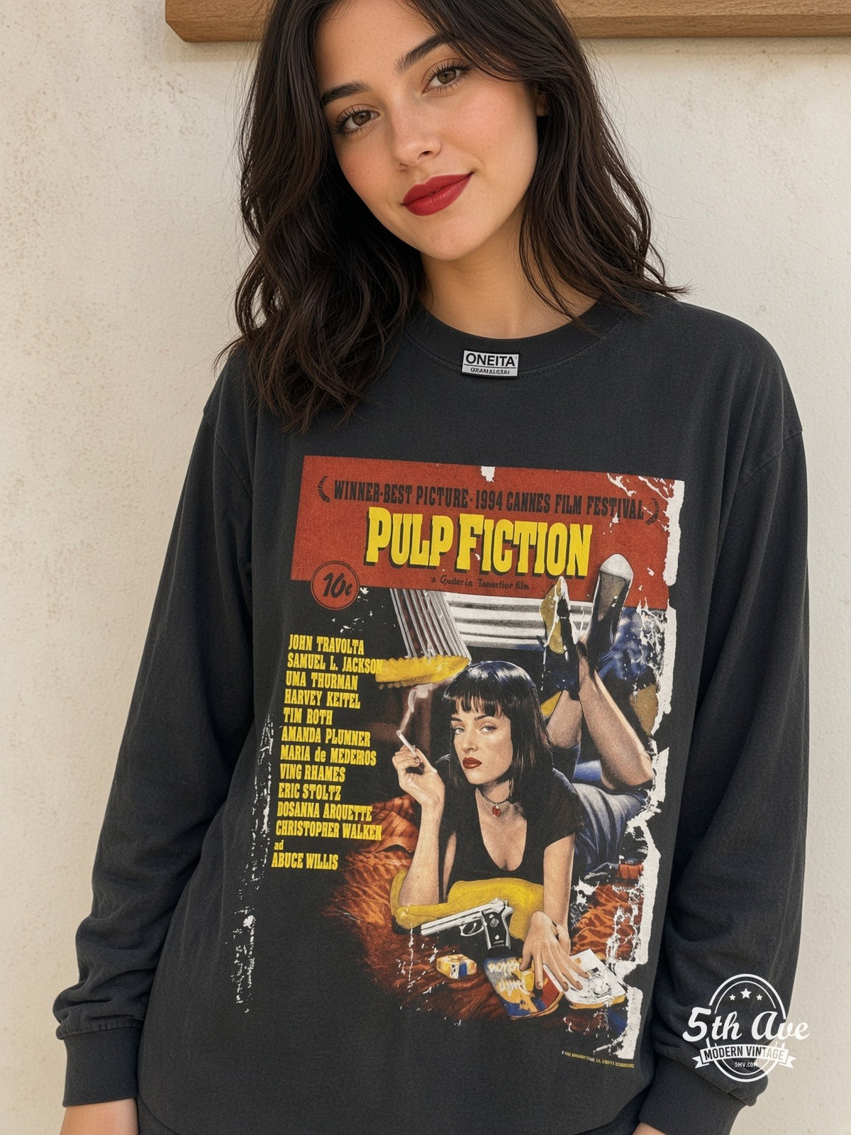 Model wearing Pulp Fiction Cannes 1994 Uma Mia Long Sleeve vintage t-shirt