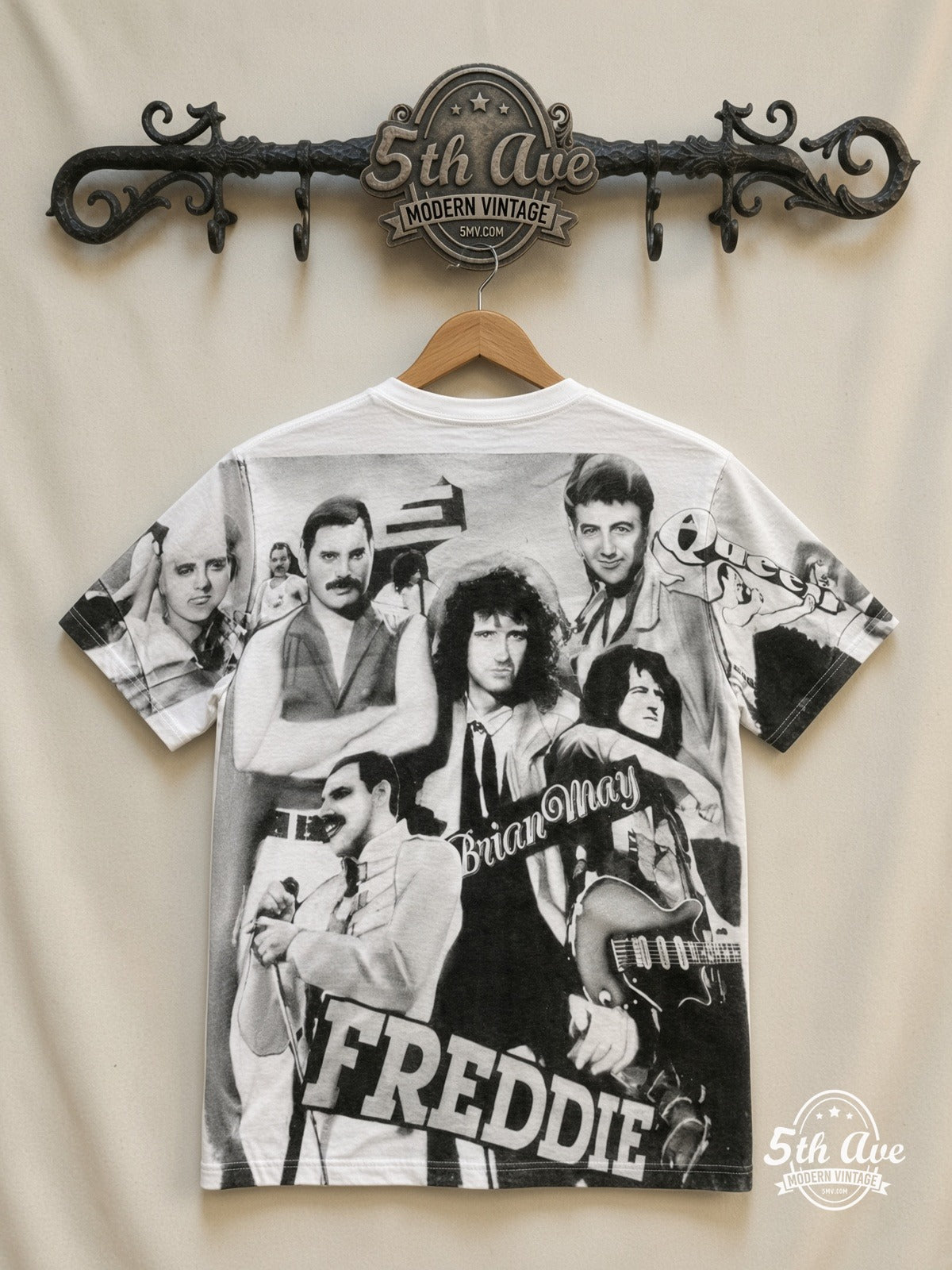 Queen Freddie Mercury Collage all over print vintage tee back on cream 5th Ave rack