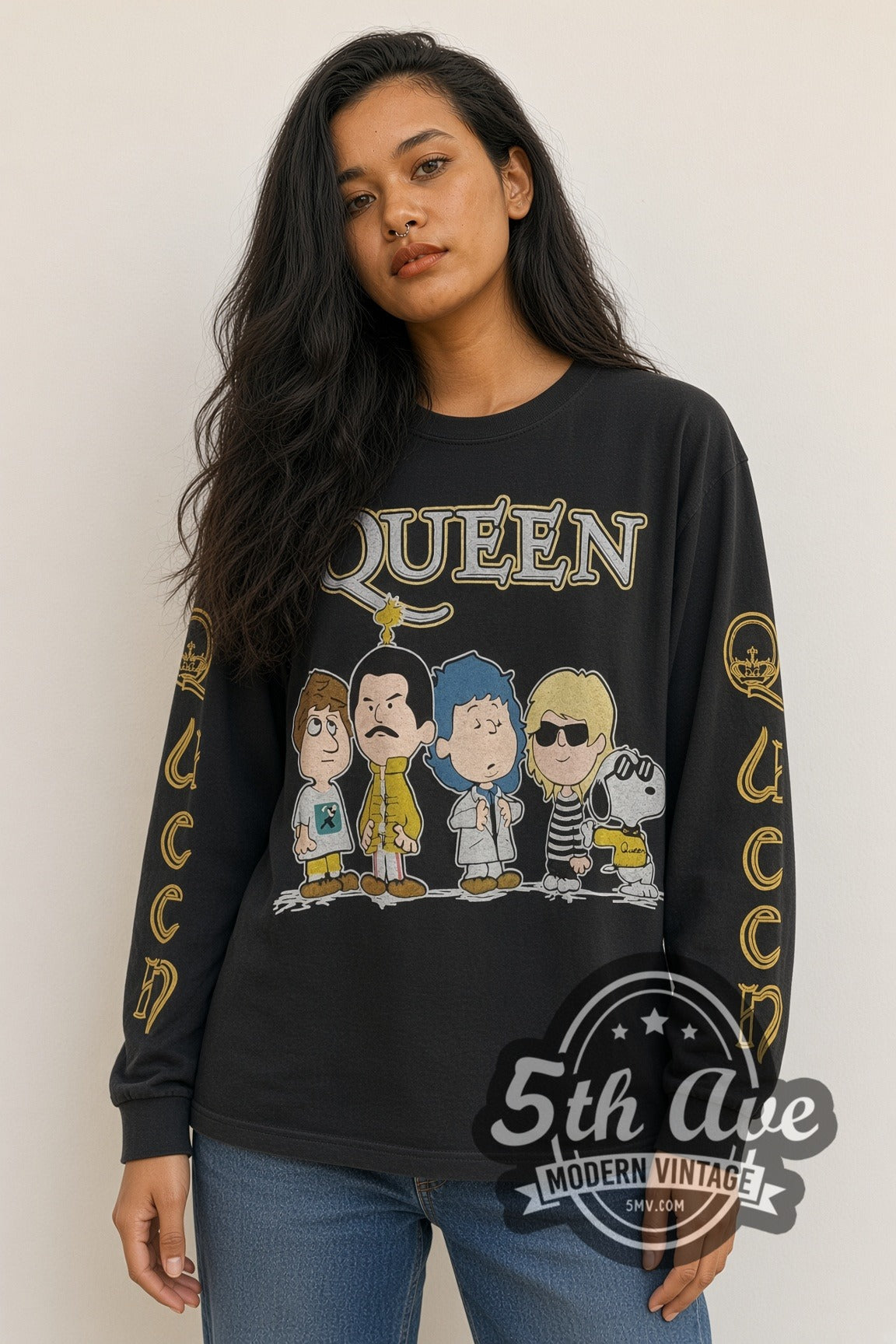 Woman wearing Queen x Peanuts cartoon vintage long sleeve band t-shirt