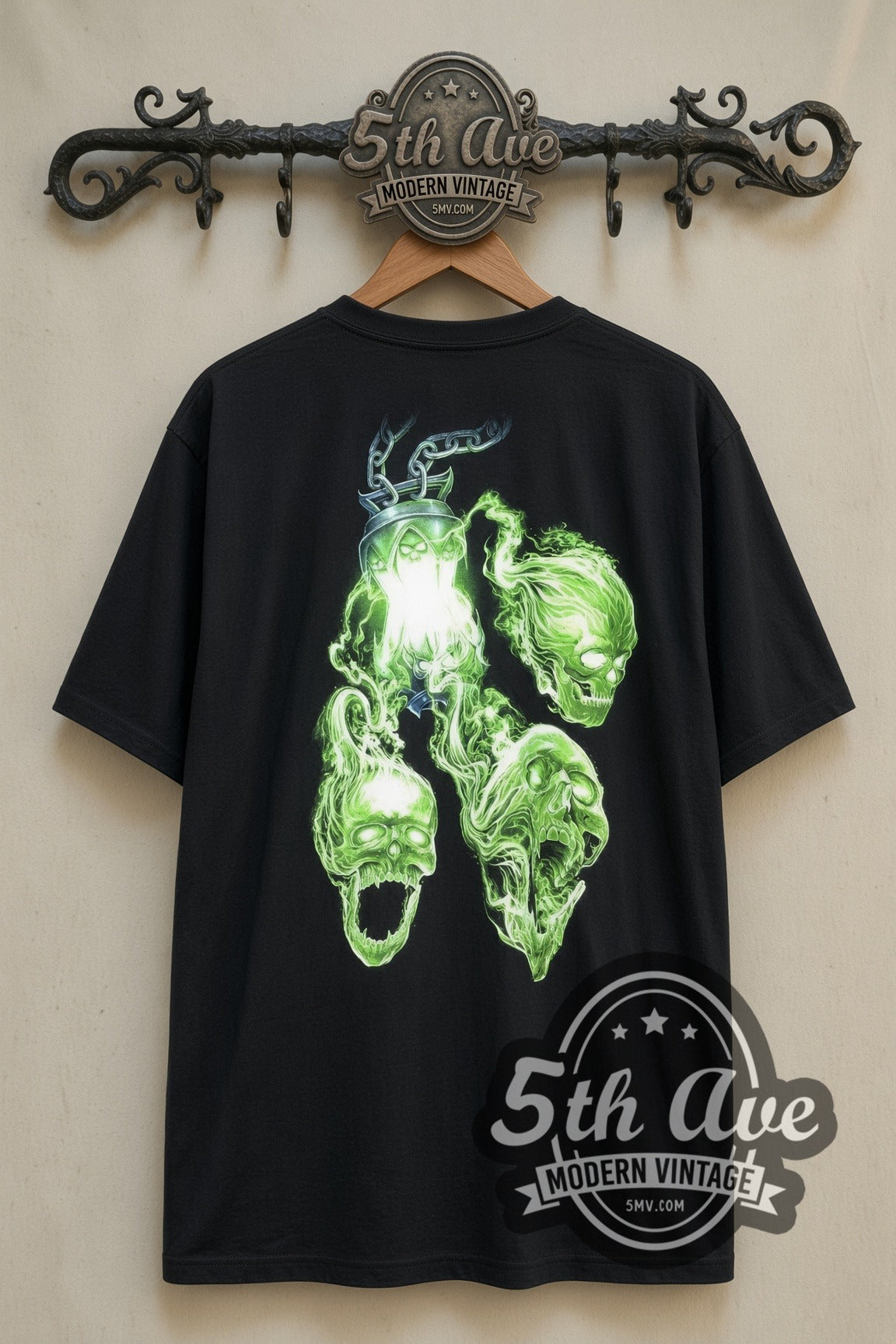 Reaper and Skulls Glow in the dark vintage graphic t-shirt, back view on a display rack