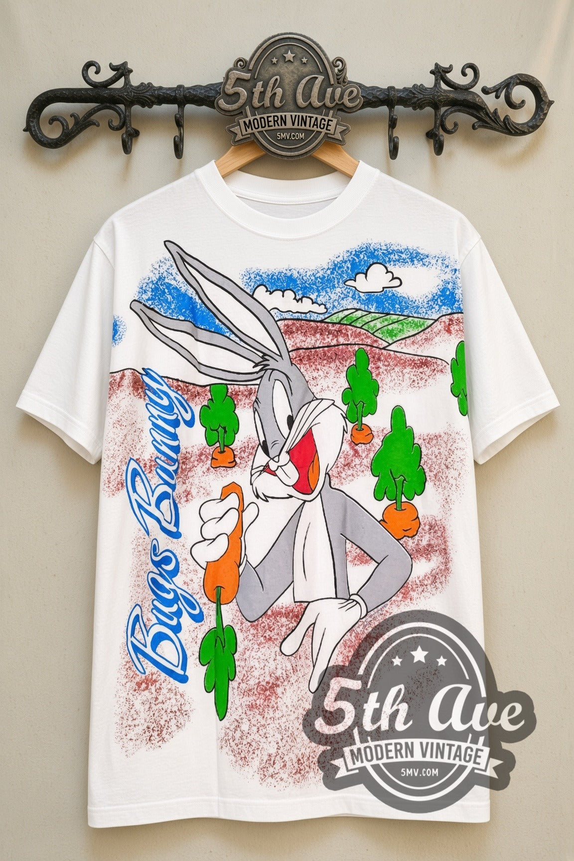 Bugs Bunny Hare to the Throne vintage cartoon tee, back view on a display rack