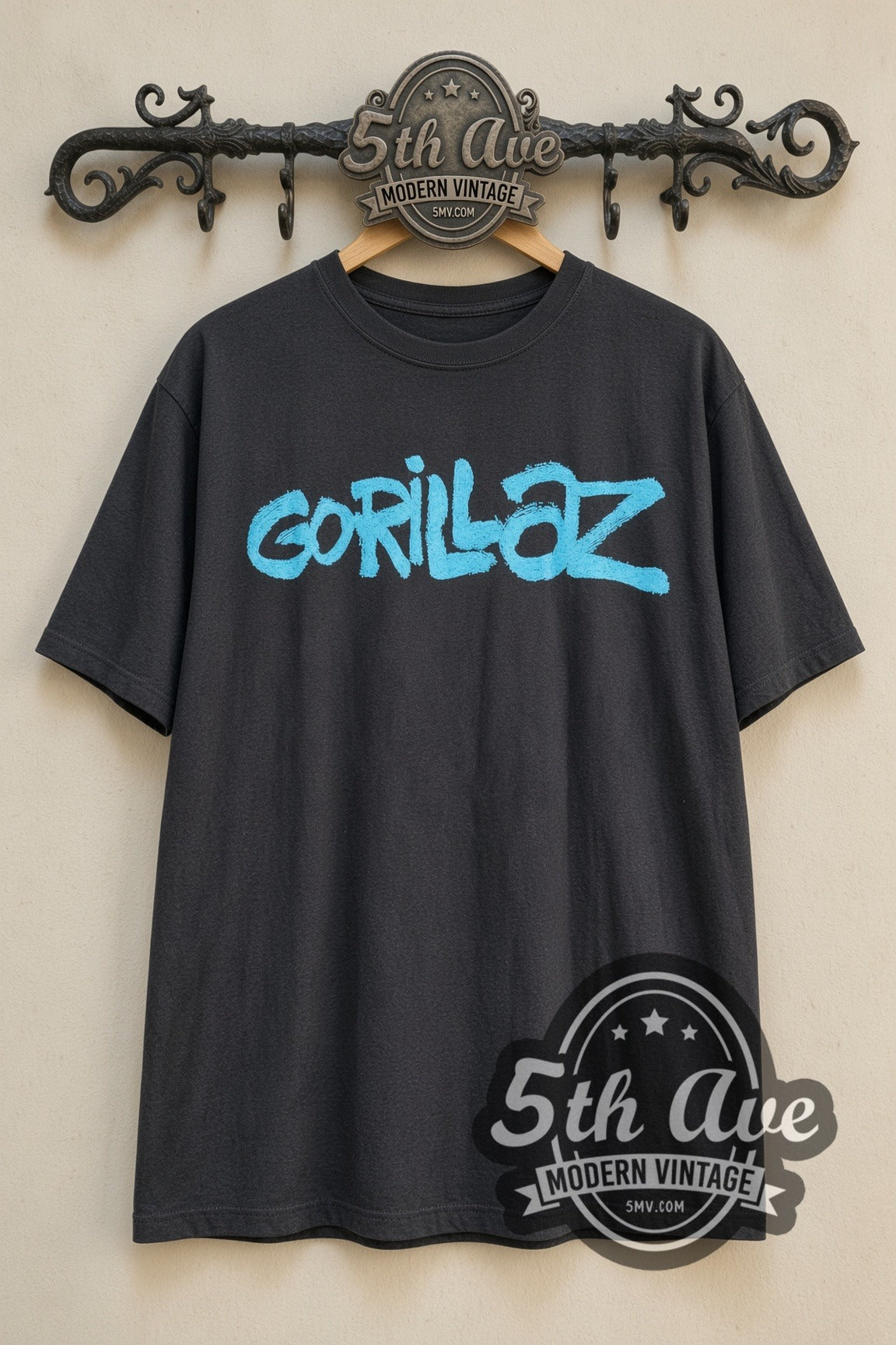 Gorillaz Four Color Profile Lineup vintage band t-shirt, back view on a display rack