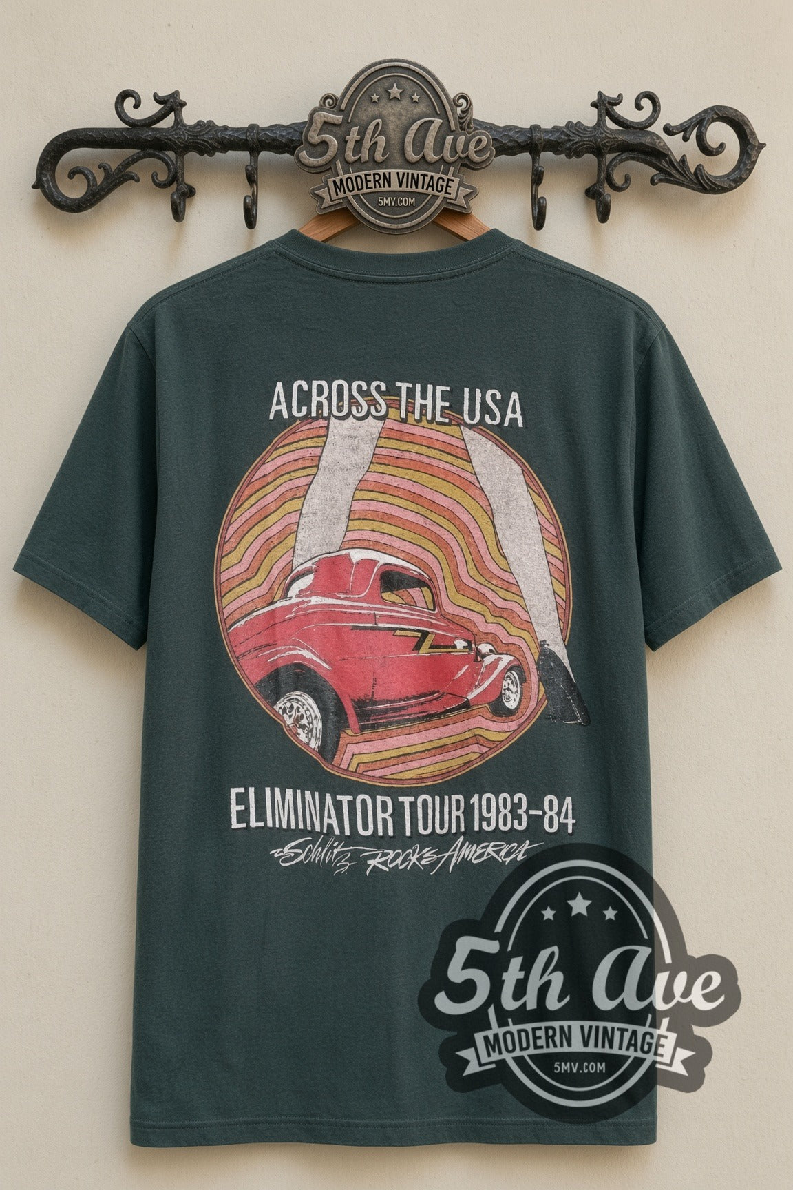 ZZ Top Eliminator Express 1983-84 vintage band t-shirt, back view on a display rack