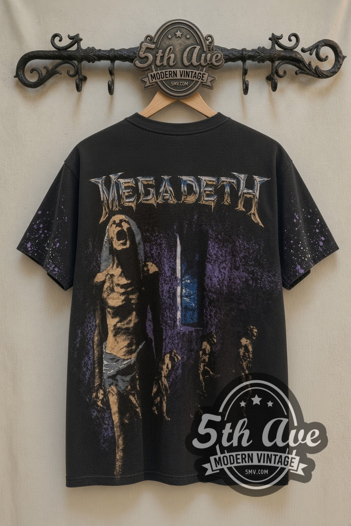 Megadeth OVERPRINT vintage band t-shirt, back view on a display rack