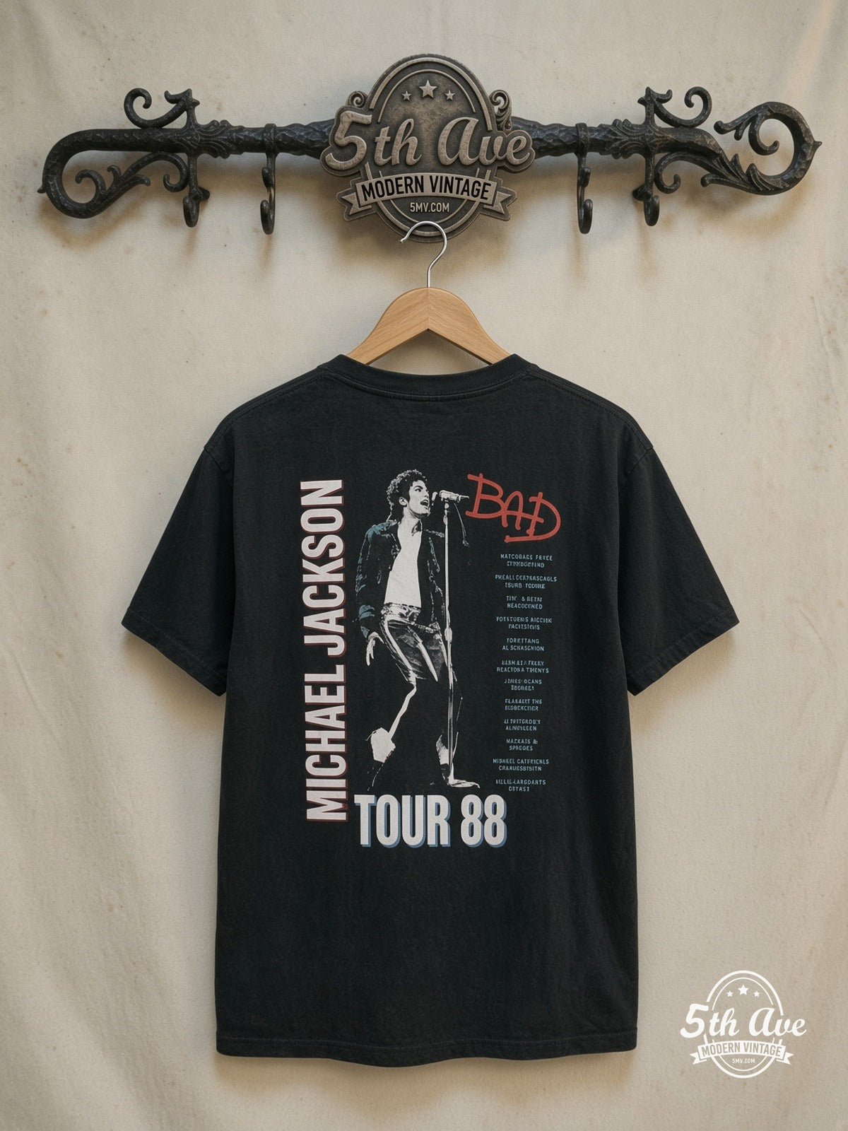 1988 Michael Jackson Bad Tour T-Shirt — back on locked cream ornate 5th Ave rack