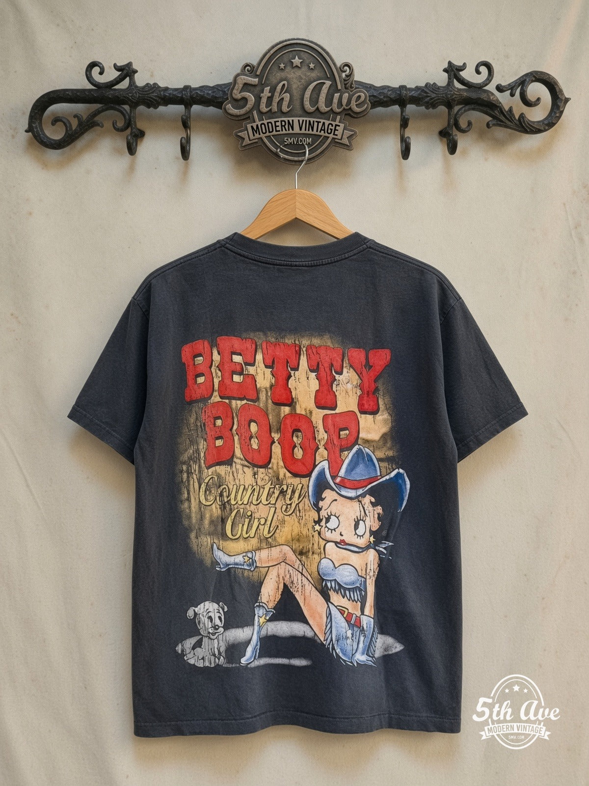 Betty Boop – Country Star Country Girl – New Vintage Graphic Tee — back on locked cream ornate 5th Ave rack