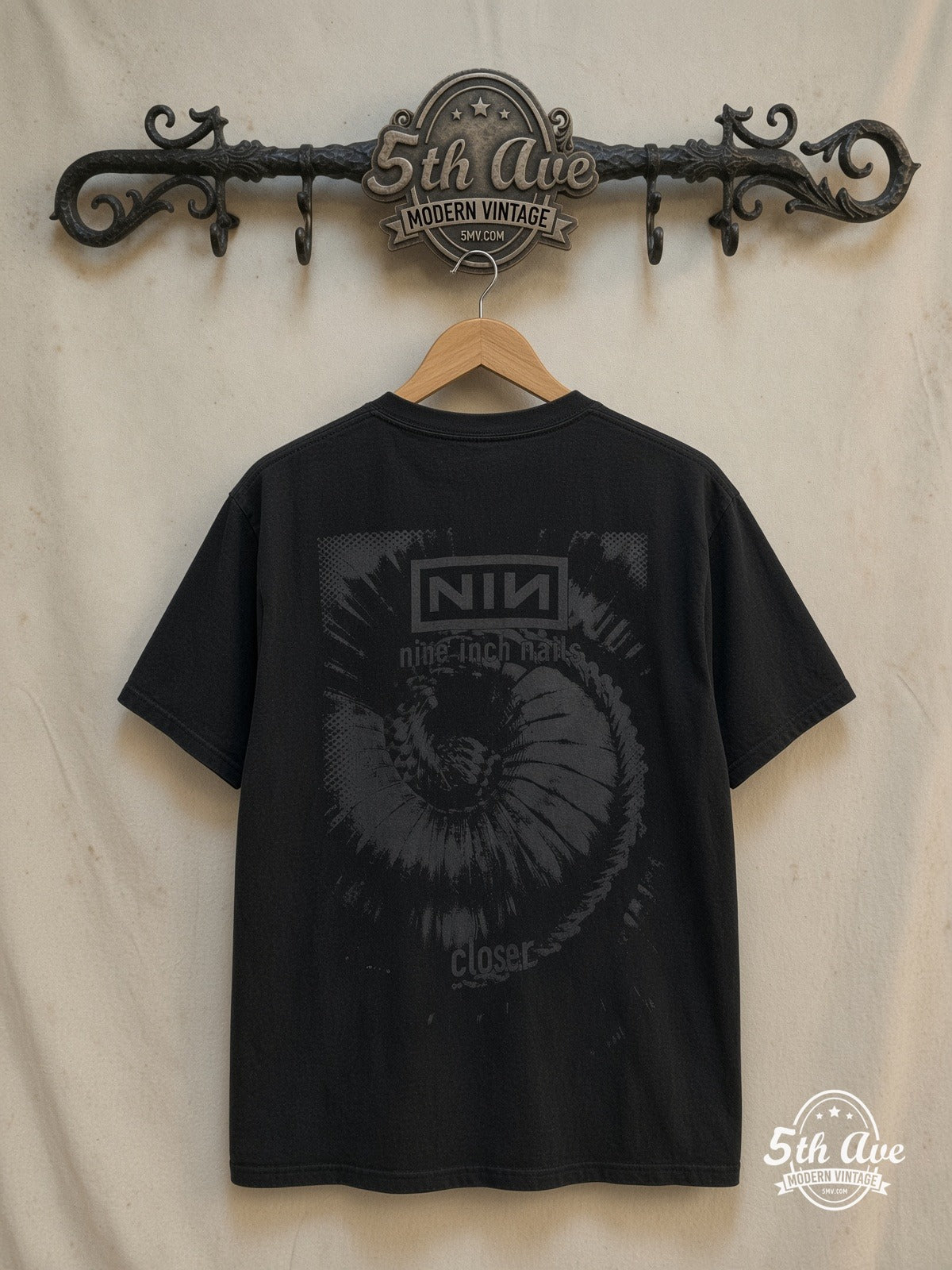 Nine Inch Nails – Closer / The Downward Spiral – Vintage Band T-Shirt — back on locked cream ornate 5th Ave rack