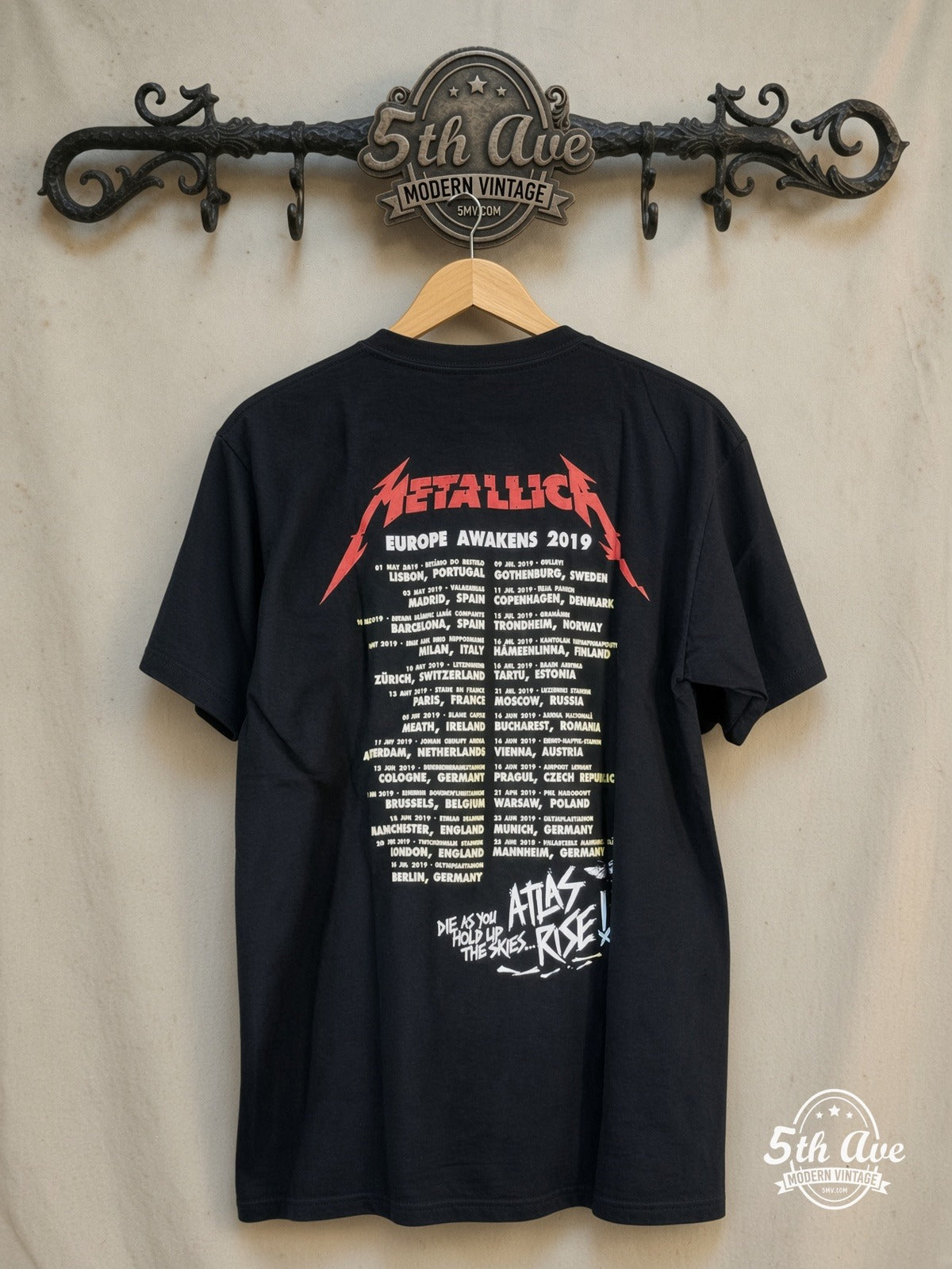 Metallica – Atlas, Rise! – Vintage Band T-Shirt — back on locked cream ornate 5th Ave rack