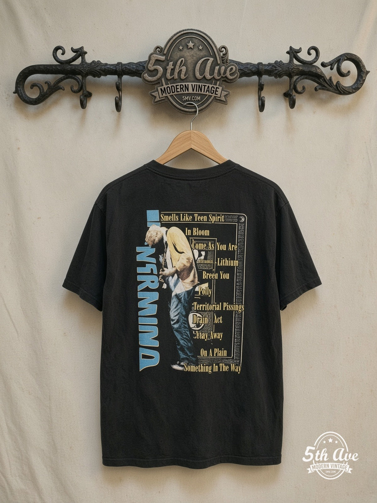 Vintage Nirvana Nevermind Band T-Shirt Black - Rare 90s Style — back on locked cream ornate 5th Ave rack
