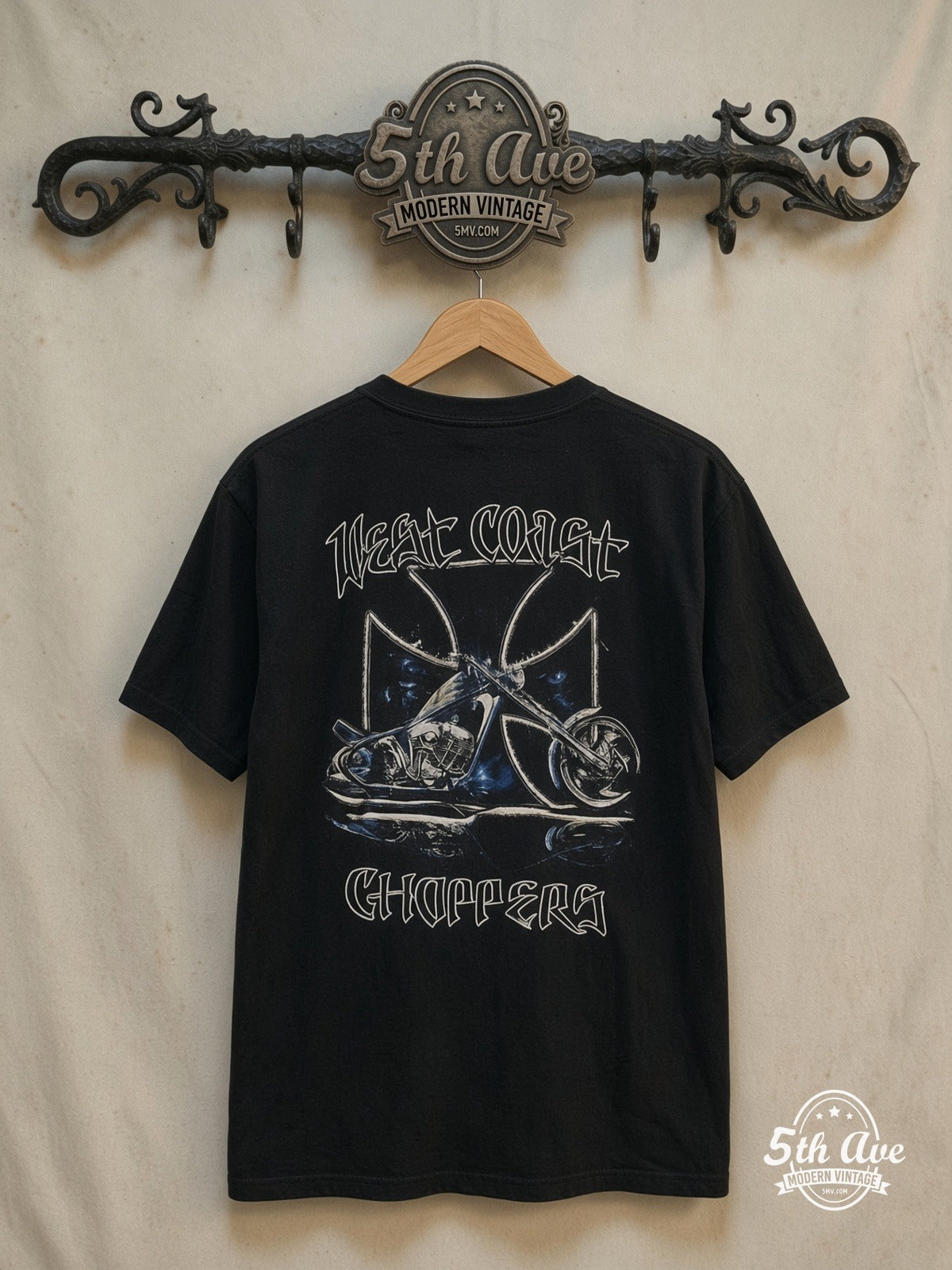 West Coast Choppers – Blue Flame Cross Chopper Back – Long Sleeve T-Shirt — back on locked cream ornate 5th Ave rack
