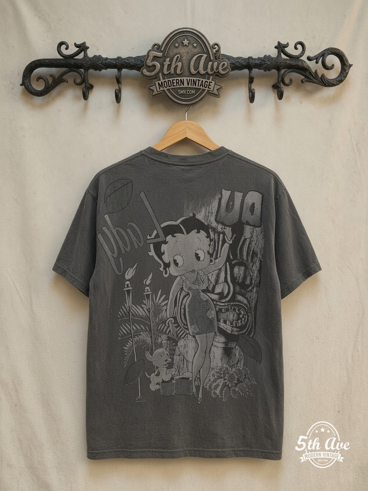 Betty Boop Hula Boop Single Stitch T-Shirt — back on locked cream ornate 5th Ave rack